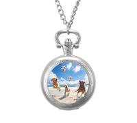 Dogs Playing Volleyball Beach Classic Quartz Pocket Watch Vintage Men's Pocketwatch with Chain Christmas Gifts for Father Husband Boyfriend