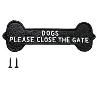 DOGS PLEASE CLOSE THE GATE Sign Cast Iron Plaque With Screws Large 34.5cm Traditional Black White Rustic Finish Keep Children Pets Visitors Safe Fence Wall Easy Mount Metal