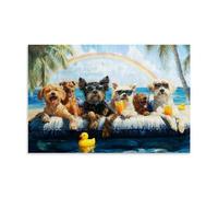 Dogs Pool Party Canvas Funny Summer Beach Art Playful Dog Wall Decor Vibrant Poolside Scene Cute Animal Print Posters for Pet Lovers Lounge Bathroom Kids Room Decor12x18inch(30x45cm)