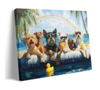 Dogs Pool Party Canvas Funny Summer Beach Art Playful Dog Wall Decor Vibrant Poolside Scene Cute Animal Print Posters for Pet Lovers Lounge Bathroom Kids Room Decor08x12inch(20x30cm)