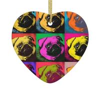 Dogs Pop Art Pug Printed decorative ornaments, ceramic heart-shaped ornaments, can be hung on Christmas trees and fireplaces