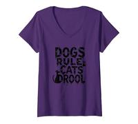 Dogs Rule Cats Drool Pet Lover Humor Graphic V-Neck T-Shirt, Women, Purple, XL