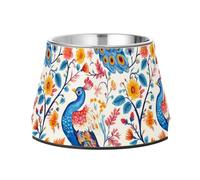 Dogs Water Bowl Elevated Stainless Steel Pets Bowl Stand for Dogs Cats Rabbits Birds Slow Down Eating Cartoon Sweet Peacock White