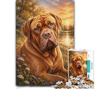 Dogue De Bordeaux River Sunset Decorative Wood Puzzle, Adults, 1000 Pieces | Jigsaw Puzzle Gift: visible image details for section-by-section building over several sessions.