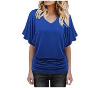 DOGZI Blouses for Women UK Clearance,Womens Summer Tops Plus Size 2022 Soft V Neck Bat Sleeve Tunic Blouse Casual Solid Short Sleeve Tops Bat Wing Shirts for Ladies,Blue,M