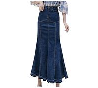 DOGZI Denim Skirts for Women UK Midi Length - Womens Stretchy Denim Maxi Skirt Ladies Casual A-line Slim Fit Fishtail Ruffle Skirt Bodycon High Waist Jean Denim Skirt,1-Dark Blue,L