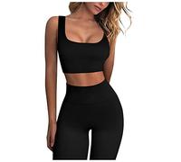 DOGZI Women Yoga Sets Seamless Ribbed 2 Piece Sports Cropped Vest Top High Waist Legging Gym Workout Outfits Exercise Tracksuit Cycling Sportswear Valentines Day Gifts,Black,L