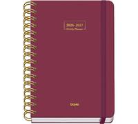 Dohe - 2026 2027 School Planner - September to June, Week to View, A5 (15x21 cm), Soft Hard Cover, Double Spiral, Elastic Band Closure, 2 Pages of Stickers, Spanish and English - Burgundy