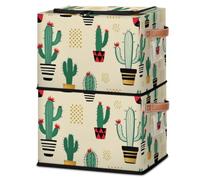 DOHOATI Storage Basket with Secure Lid - Foldable Geometric Design Cube Storage Box Pu Leather Handle, Suitable for Wardrobes, Bedrooms, and Homes,1pcs, Green - plant Cactus