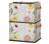 DOHOATI Storage Basket with Secure Lid - Foldable Geometric Design Cube Storage Box Pu Leather Handle, Suitable for Wardrobes, Bedrooms, and Homes,1pcs, Literary Plant