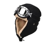 DoHTeck Winter Warm Aviator Hat, Unisex 3-in-1 Trapper Cap Bomber Hat with Goggles and Earmuffs for Cold Weather Outdoor Black