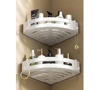 DOIAESKV 2 Pack Corner Shower Caddy with Hooks,No Drilling Aluminium Shower Organizer for Bathroom&Kitchen,Secure with Nail-free Glue,Rustproof Inside Shower Rack Basket,Storage Accessories (White)