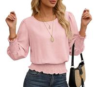 DOINEUFL 3/4 Sleeve Tops for Women UK Bubble Hem Blouse with Smocked Waist Casual Smart Top for Work Weekend and Everyday Wear (UK, Alpha, L, Regular, Regular, Pink)