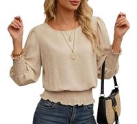 DOINEUFL 3/4 Sleeve Tops for Women UK Bubble Hem Blouse with Smocked Waist Casual Smart Top for Work Weekend and Everyday Wear (M, Khaki)