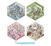 DOINEUFL 4 Sets 3D Sticker Scene, 3D House Sticker Set, Sticker Therapy 3D Stickers, Funny Cartoon Scene Stickers for Adult Kid Relief Stress Pass The Time (with Tweezers) (4)
