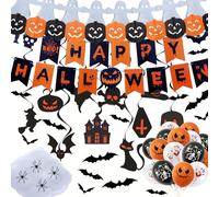 DOINEUFL 45 Pieces Halloween Party Decorations Indoor, Halloweens Decor Stuff Pack, Happy Halloween Banners Garland Bats Cobwebs Spooky Hanging Decoration, Wall Decoration for Home Office School
