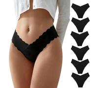 DOINEUFL 6 Pack Seamless Thongs for Women No VPL V Cross Ice Silk Knickers Multipack Scalloped Edge Breathable Invisible Underwear (UK, Alpha, S, Regular, Regular, Black)