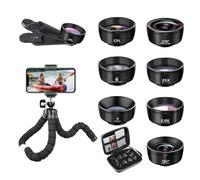 DOINEUFL 7-in-1 Mobile Phone Lens Kit with Mobile Phone Tripod, Telephoto Lens for Smartphone Including Macro Lens (25x) Wide Angle 120° Fisheye Lens 210° Star Filter Telephoto, Kaleidoscope, CPL/Star