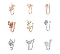 DOINEUFL 9PCS Fake Nose Ring & Clip on Earrings for Women- Gold/Silver/Rose Gold Non Piercing Stud Jewelry,Small Adjustable Nose & Ear Rings Set with (Dangly,Star,Diamante) Single Strange Nose Cuff