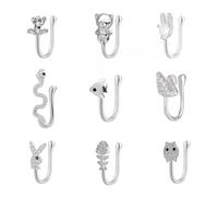 DOINEUFL 9PCS Fake Nose Ring for Women- Gold/Silver/Rose Gold Non Piercing Stud Jewelry,Small Adjustable Nose & Ear Rings Set with (Dangly,Star,Diamante) Single Strange Nose Cuff (Animal)