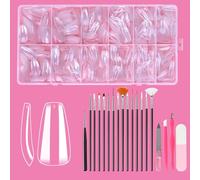 DOINEUFL American Nail Tips - 600 Pieces Nail Tips in 10 Sizes, 15 Nail Art Brushes, 4 Manicure Tools, Suitable for Nail Art Beginners, DIY Complete Manicure for Home
