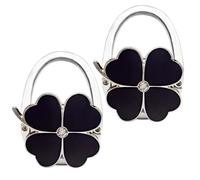 DOINEUFL Bag Hooks for Table, 2Pcs Handbag Hooks for Tables, Foldable Shiny Carrier Bag Holder for Women, Recyclable Slide Buckle Four Leaf Clover Hook for Daily Decoration and Handbag Storage (Black)