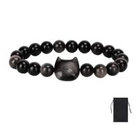 DOINEUFL Black Cat Gifts for Women, Natural Black Obsidian Bracelet with Flannel Bag, Unisex Elastic Waterproof Bead Bracelets for Women Sisters Friend Family, Protect and Good Luck Crystal Bracelet