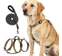 DOINEUFL Dog Harness Set, Escape Proof, Anti-Pull Adjustable Chest Harness with Padded Handle and Reflective Moxon Lead, for Dog Training and Walks (Khaki, M)