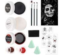 DOINEUFL Halloween Face Paint Makeup Kit for Kids & Adults, White Black and Red Facepaint set and SFX Washable Fake Blood,Sponges | Non-Toxic Body Paint| Zombie,Vampire,Goth,Skeleton Makeup