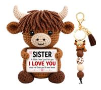 DOINEUFL Highland Cow Crochet Gifts, Positive Crochet Animal with Cute Keyring, Emotional Support Crochet Cow for Dad, Mum, Sister, Daughter and Teachers, Thank You Keepsake for Family and Friends