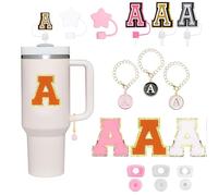 DOINEUFL Name Letter ID Stanley Cup Accessories 17 PCS - Letter ＆ Star Stanley Straw Cover, Metal Handle Charm and Stickers, Leak Stopper (A)