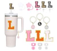 DOINEUFL Name Letter ID Stanley Cup Accessories 17 PCS - Letter ＆ Star Stanley Straw Cover, Metal Handle Charm and Stickers, Leak Stopper (L)