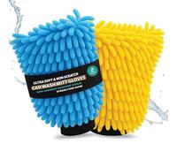 DoitEasy Microfiber Car Wash Mitt, Pack of 2, Blue & Yellow, Deluxe Microfiber Car Wash Drying Mitts, Super Absorbent Cleaning Gloves for Washing Vehicle and Motorcycles, Lint-Free, Machine Washable