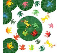 DOITEM 30 Pieces Mini Plastic Frog Toys and Artificial Lily Pads, Include Colorful Realistic Frogs Rainforest Animals Figures Character Toys and Floating Foam Leaves for Pool Decor Party Favor