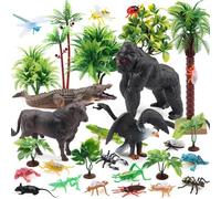 DOITEM 30Pcs Rainforest Animal Figurines Set Model Tress Kit Rainforest Diorama Project with Gorilla Bird Crocodile Lizards Mouse Frog Snake Insects Playset for Kids Birthday Cake Toppers Party Décor