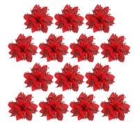 DOITOOL 15pcs Red Glitter Christmas Poinsettia Flowers Artificial Silk Cloth Xmas Tree Decorations for Garlands and Fences, Small and Practical Holiday Floral Ornaments