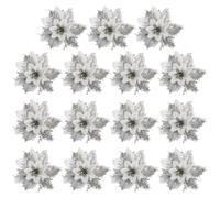 DOITOOL 15pcs Silver Glitter Poinsettia Flowers Artificial Silk Cloth Christmas Tree Decorations for Wreaths and Fences, Vivid and Beautiful Holiday Floral Accents