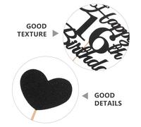 DOITOOL 16Th Birthday Cake Topper Set - Black Glitter Number Decorations with Star and Heart Cupcake Picks - Teen Birthday Party Supplies - 10 Pieces for Celebration