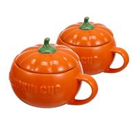 DOITOOL 2 Pcs Halloween Pumpkin Mug with Lid, Ceramic Coffee Cup Halloween Pumpkin Cup Soup Mug (Orange)