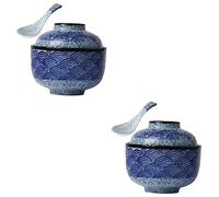 DOITOOL 2-Piece Ceramic Japanese Style Microwavable Bowls with Lids - Miso Soup, Ramen, Dessert & Salad Bowl Set
