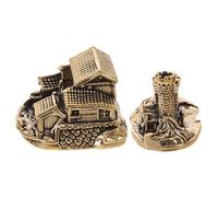 DOITOOL 2pcs Brass Miniature Architecture Figurines Featuring Medieval Castle and House Shapes, Rustic Vintage Style, Easy to Clean Paperweight for Desk or Fairy Garden Decor