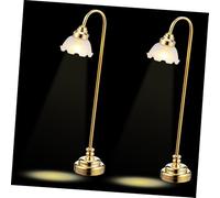 DOITOOL 2pcs Mini Dollhouse Lamps with Gold Floral Shades Warm Ambient Lighting for Mini House Decor and DIY Dollhouse Accessories Table Lamp