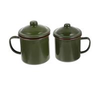 DOITOOL 2Pcs Retro Military Green Enamel Tea Cups with Heat-Resistant Lids Vintage Creative Drinking Mugs for Coffee Tea Milk Smooth Edges Multi-Purpose Cups for Home Office Camping