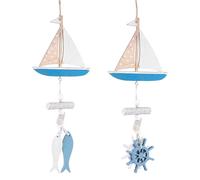 DOITOOL 2pcs Wooden Fish Wall Decoration Beach Theme Home Wall Decor Ocean Style Ornament Sailboat and Ship Wheel for Living Room and Beach House