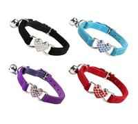 DOITOOL 4pcs Rhinestone Heart Cat Collar with Bell Adjustable Velvet Pet Neck Ring Cute Safety Breakaway Cat Bell Collar for Kitten and Small Random Color