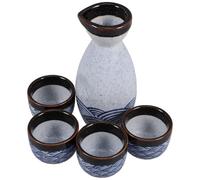 DOITOOL 5Pcs Japanese Sake Set - Traditional Ceramic Saki Cups and Pot - 180ml Bottle 35ml Glasses - Blue Wave Texture Rice Wine Dinnerware for Hot Cold Drinking Home Dining Table Bar Entertainment