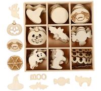 DOITOOL 72Pcs Halloween Wooden Craft Shapes Box Packed Handiworks Adornment Props for DIY Decoration and Sign Making Mixed Ghost Pumpkin Spider Designs for Festive Arts and Crafts