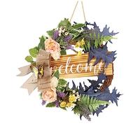 DOITOOL Artificial Lavender Wreath with Butterfly Accent Rustic Farmhouse Hanging Garland Lifelike Floral Decoration for Front Door Living Study Hotel Spaces Easy to Install Welcome Wreath