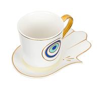 DOITOOL Ceramic Coffee Mug with Saucer Set Evil Eye Mug Cup with Hamsa Hand Saucer Plate Dish Turkish Nazar Amulet Blue Eye Protection for Table Home Decor White