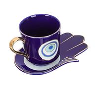 DOITOOL Ceramic Coffee Mug with Saucer Set Evil Eye Mug Cup with Hamsa Hand Saucer Plate Dish Turkish Nazar Amulet Blue Eye Protection for Table Home Decor Blue